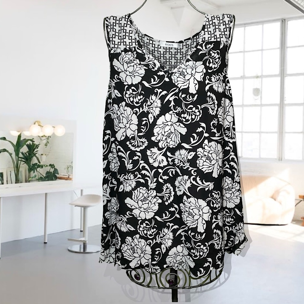 Ricki’s Black and White Floral Print Blouse with Scalloped Edge